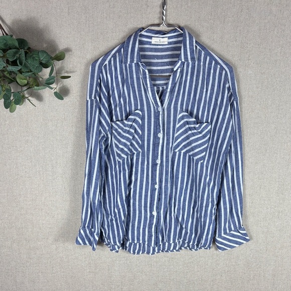 Thread & Supply > Linen Blue and White Striped Button-Up Shirt - Picture 1 of 8